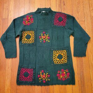 Vintage Carolina Colours Green Sweater Floral Crochet Patchwork Granny Squares‎